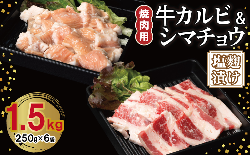 牛カルビ＆シマチョウ 塩麹漬け 焼肉セット 合計1.5kg【味付け 小分け 焼くだけ 簡単調理 BBQ 250g×6袋 牛肉 ホルモン 普段使い】 099H3398