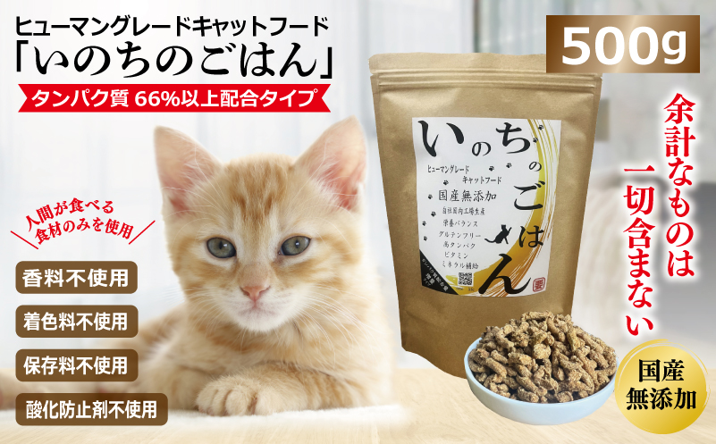 国産無添加 キャットフード 500g「いのちのごはん」タンパク質 66％以上配合タイプ【猫 ねこ ペットフード チキン 手作り ヒューマングレード 国産】 099H3598