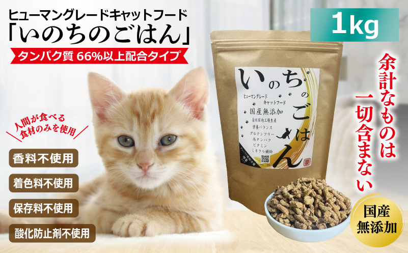 国産無添加 キャットフード 1kg「いのちのごはん」タンパク質 66％以上配合タイプ【猫 ねこ ペットフード チキン 手作り ヒューマングレード 国産】 020C436