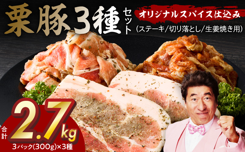 栗豚 3種セット 合計 2.7kg（ステーキ/切り落とし/生姜焼き用）【オリジナルスパイス仕込み 豚肉 小分け 盛り合わせ 食べ比べ 焼くだけ 普段使い】 099H3120