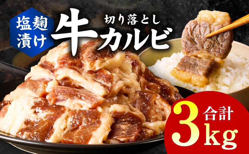 牛カルビ 焼肉用 塩麹漬け 合計3kg【味付け 小分け 焼くだけ 簡単調理 BBQ 牛肉 250g×12袋 普段使い】 099H3395