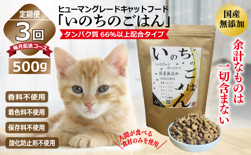 【定期便】国産無添加 キャットフード 500g×全3回「いのちのごはん」タンパク質 66％以上配合タイプ【猫 ねこ ペットフード チキン 手作り ヒューマングレード 国産 毎月配送】 099Z329