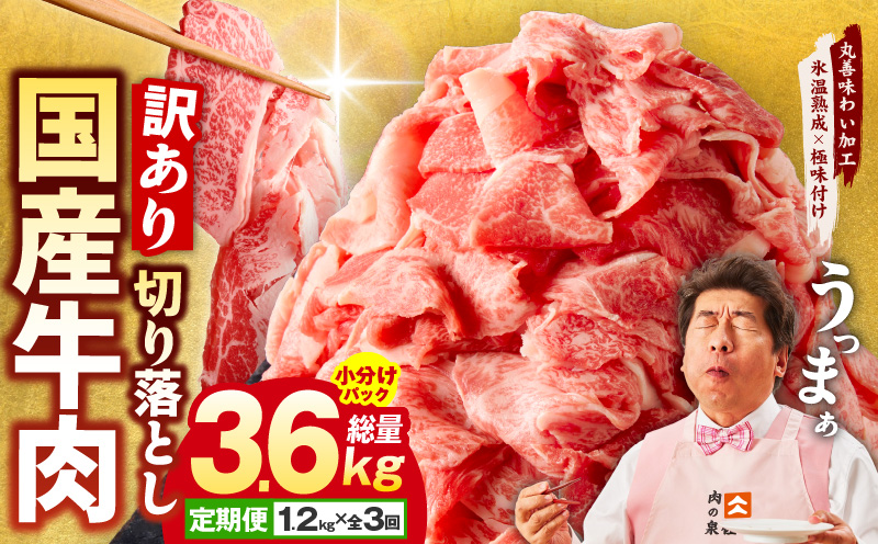 【定期便】国産 牛肉 切り落とし 1.2kg×全3回 総量 3.6kg【国産 牛肉 氷温熟成×極味付け 訳あり サイズ不揃い カレー 牛丼 野菜炒め 肉じゃが 家計応援 毎月配送コース】 mrzZ014