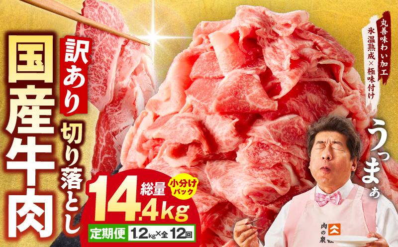 【定期便】国産 牛肉 切り落とし 定期便 1.2kg×全12回 総量 14.4kg【国産 牛肉 氷温熟成×極味付け 訳あり サイズ不揃い カレー 牛丼 野菜炒め 肉じゃが 家計応援 毎月配送コース】 mrzZ016