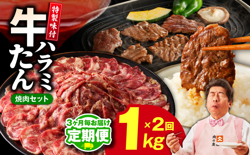 【定期便】牛タン＆牛ハラミ お試し 1kg 焼肉セット【成型牛たん ハラミ 味付き 牛肉 やきにく BBQ 薄切り スライス 訳あり サイズ不揃い 2026年3月＆6月発送 全2回】 099Z445