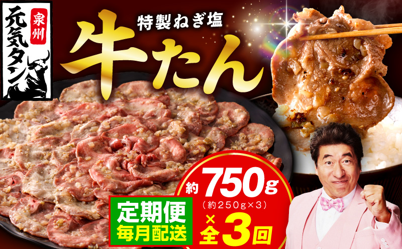 【定期便】ねぎ塩 牛たん 750g 全3回 【毎月配送コース 牛タン 牛肉 焼肉用 薄切り 訳あり サイズ不揃い】 099Z459