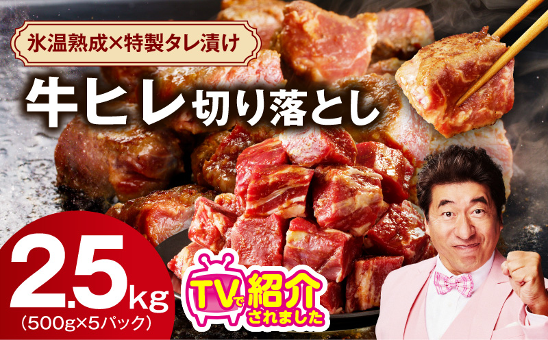 やわらか 牛ヒレ肉 切り落とし 2.5kg【小分け 500g×5P 氷温熟成×特製ダレ サイズ不揃い ステーキ ひと口サイズ カット済み】 mrz0277
