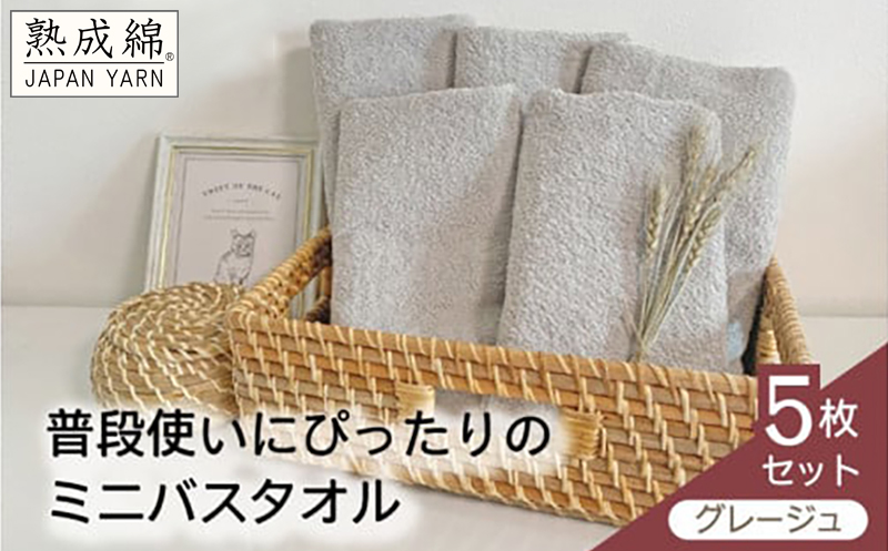泉州タオル「普段使いにぴったりのミニバスタオル」５枚セット（グレージュ）【泉州タオル 国産 吸水 普段使い 無地 シンプル 日用品 家族 ファミリー】 knt0054