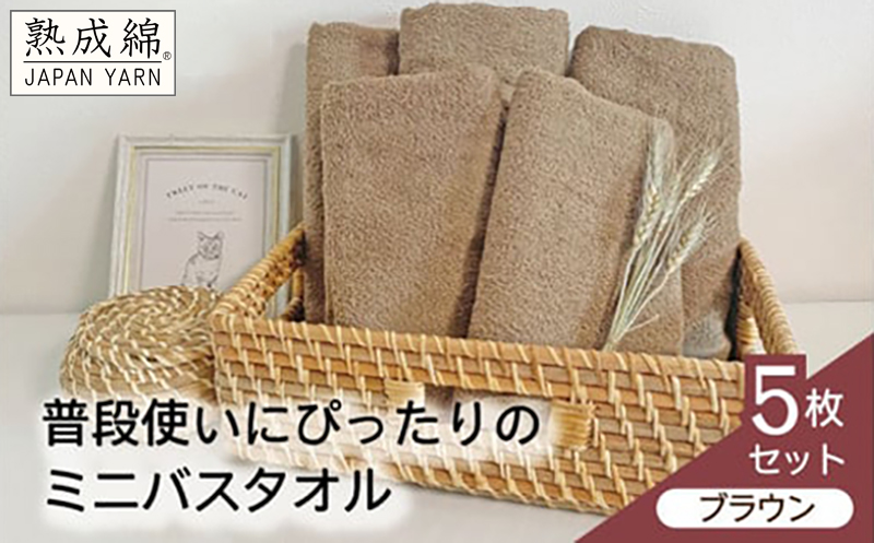 泉州タオル「普段使いにぴったりのミニバスタオル」５枚セット（ブラウン）【泉州タオル 国産 吸水 普段使い 無地 シンプル 日用品 家族 ファミリー】 knt0056