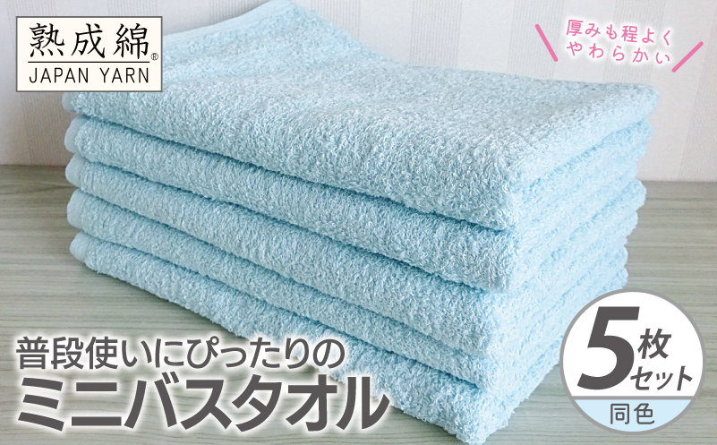 普段使いにぴったりのミニバスタオル 5枚【アクアブルー 泉州タオル 高品質 綿100％ 日本製 国産 単色 シンプル】 knt0068