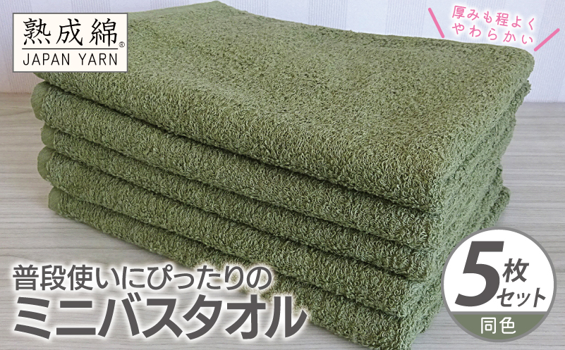 普段使いにぴったりのミニバスタオル 5枚【グリーン 泉州タオル 高品質 綿100％ 日本製 国産 単色 シンプル】 knt0072