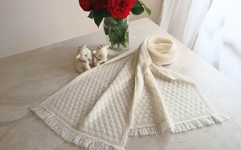 『Noble Fibre』100％カシミヤ・マフラー オーガニックホワイト（織り柄）【高級 カシミア おしゃれ ファッション 防寒 かしみあ】 G3318