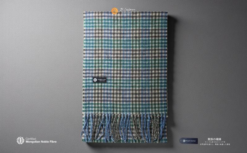 『Noble Fibre』100％カシミヤ・マフラー グリーン＆チェック フリンジ付き【高級 カシミア おしゃれ ファッション 防寒 かしみあ】 G3562