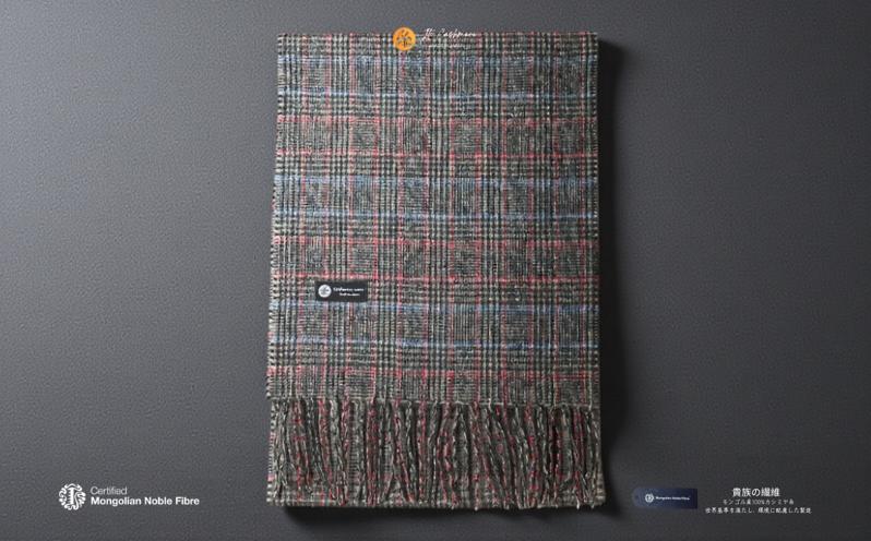 『Noble Fibre』100％カシミヤ・マフラー グレーン＆チェック フリンジ付き【高級 カシミア おしゃれ ファッション 防寒 かしみあ】 G3563