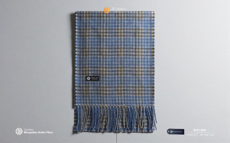 『Noble Fibre』100％カシミヤ・マフラー ブルー＆チェック フリンジ付き【高級 カシミア おしゃれ ファッション 防寒 かしみあ】 G3564