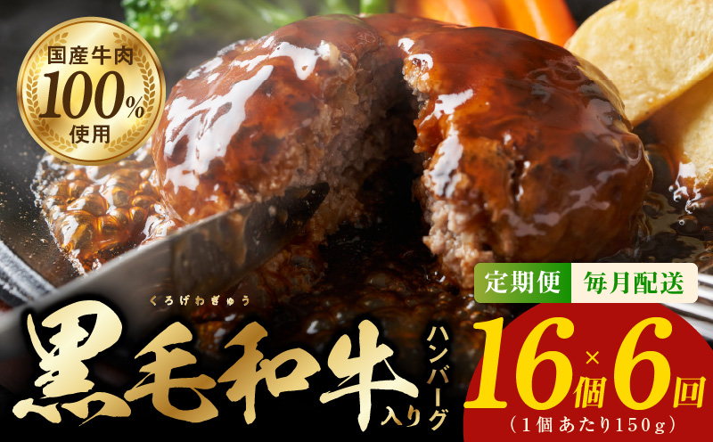 黒毛和牛入り 国産牛肉100％ ハンバーグ 定期便 16個×全6回 150gサイズ【毎月配送コース 個包装 ハンバーグ 牛肉 はんばーぐ 小分け 惣菜 冷凍 数量限定】 099Z377