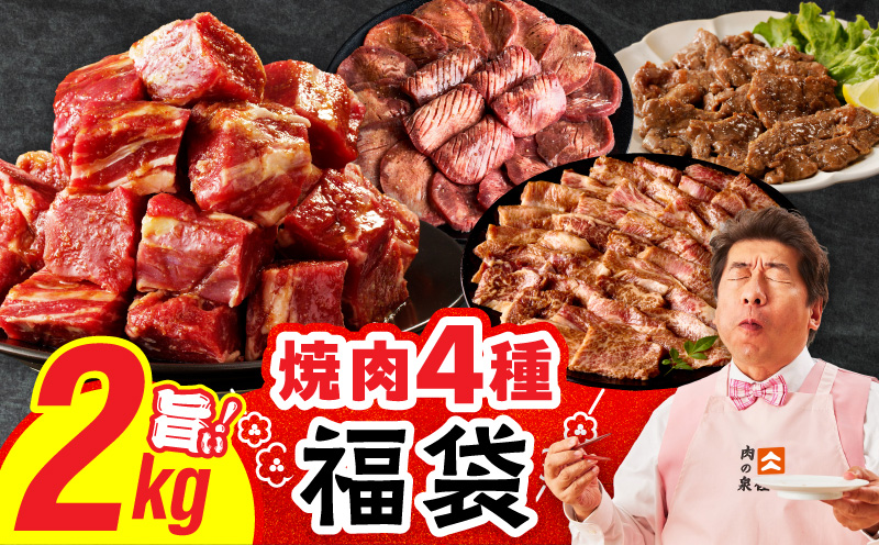 焼肉 福袋 4種 2kg【氷温熟成×特製ダレ 500g 小分け 牛肉 牛タン ヒレ ハラミ バラ 数量限定】 mrz0336