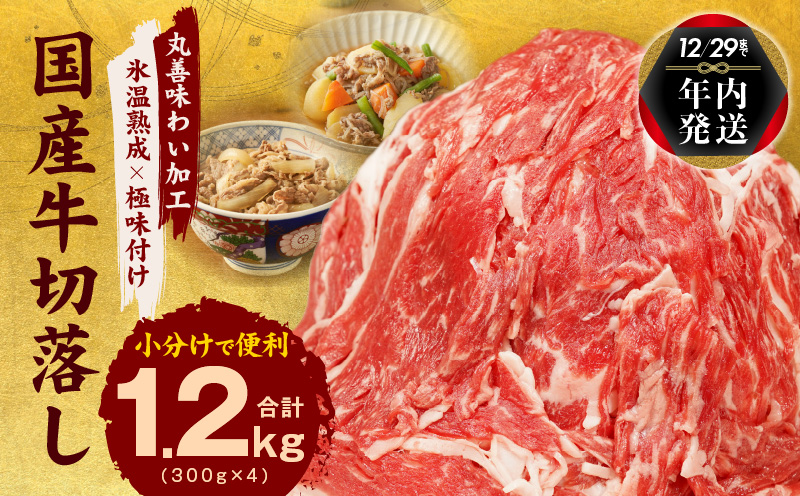 [TVで紹介されました!]国産牛 切り落とし 1.2kg 小分け 300g×4P[年内発送 国産 牛肉 氷温熟成×極味付け 訳あり サイズ不揃い カレー 牛丼 野菜炒め 肉じゃが 家計応援] mrz0006y