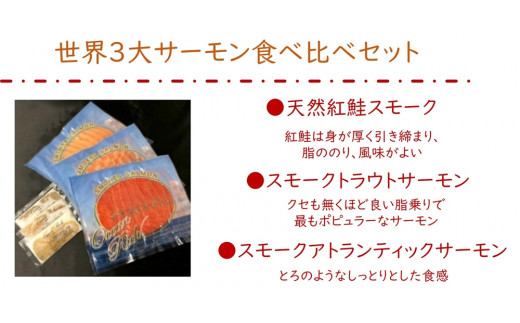 無添加スモークサーモン3種 おつまみ しっとり冷燻製 100g×3pc｜株式会社ヒラオ サーモン 鮭 さけ シャケ ギフト 小分け 食べ比べ 海鮮 くんせい 燻製 [0462]