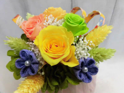 和風手まりアレンジ (イエロー)｜プリザーブドフラワー [0500]