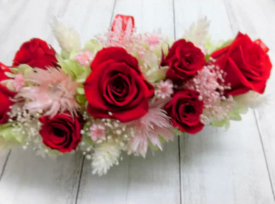 横長華やかアレンジ (レッド)｜プリザーブドアレンジ [0503]