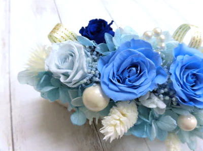 横長華やかアレンジ (ブルー)｜プリザーブドアレンジ [0506]