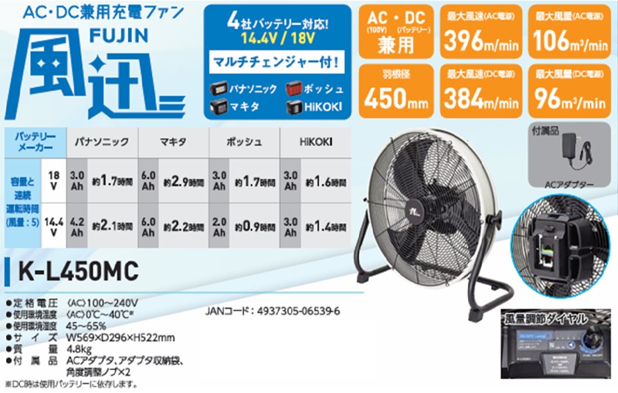マルチチェンジャー内蔵AC/DC兼用充電ファン 風迅 (K-L450MC) [0893]