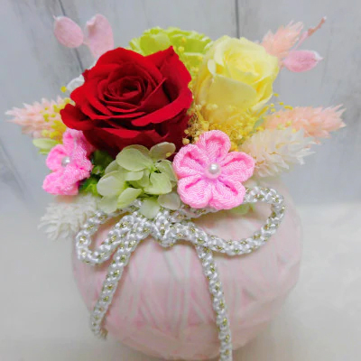 和風手まりアレンジ (レッド)｜プリザーブドフラワー [0497]