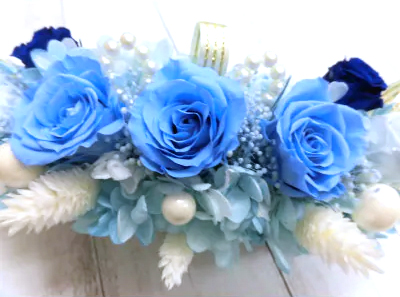 横長華やかアレンジ (ブルー)｜プリザーブドアレンジ [0506]