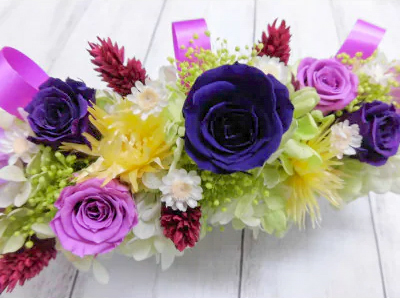 横長華やかアレンジ (パープル)｜プリザーブドアレンジ [0507]