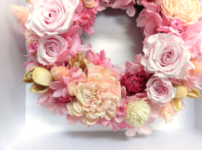 クロス調マグネットBOXリースアレンジ (ピンク)｜プリザーブドリース [0509]