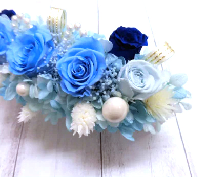 横長華やかアレンジ (ブルー)｜プリザーブドアレンジ [0506]