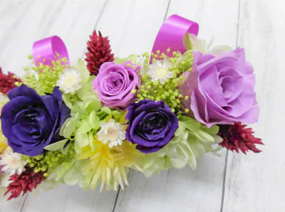 横長華やかアレンジ (パープル)｜プリザーブドアレンジ [0507]