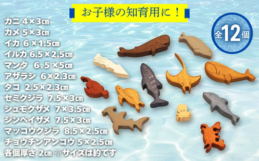 木製パズル おうちで水族館 12種の海のいきものセット いるか くじら かめ たこ いかかに チョウチンアンコウ アザラシ シュモクザメ　ジンベエザメ サメ 鮫 魚 水族館 安心塗装 クラフトバードウッド 河内長野 大阪 木工 積み木 積木 つみき 木のおもちゃ 動物つみき バランス ごっこ遊び おもちゃ 木製玩具 知育玩具 男の子 女の子 子供 子ども 国産 安心 安全 出産祝い お祝い 贈り物