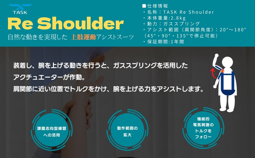 TASK Re-shoulder　上肢リハビリテーション用　外骨格ロボット　アシストスーツ　上肢トレーニング　上肢ロボット　企画開発協力；医療法人友紘会西大和リハビリテーション病院