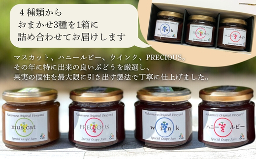 ぶどうジャムおまかせ3種詰合せ l ぶどう100％スペシャルジャム 砂糖不使用 オリジナル品種からおまかせ3種セット 原材料はぶどうのみ 中村オリジナルぶどう園 国産ぶどう100％使用 高級手づくりジャム 無添加 無着色 果実そのまま ギフト 贈答 プレゼント 日本製 大阪　河内長野