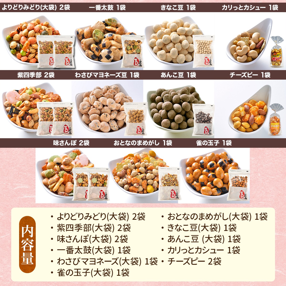 豆の蔵元 人気商品詰め合わせ Bセット おかき 豆 豆菓子 せんべい 進物 お菓子 大容量 お豆 人気 おいしい おつまみ あられ 送料無料:  河内長野市ANAのふるさと納税