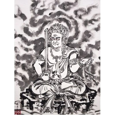 手描きTシャツ 仏画 不動明王 白 綿生地 (半袖 Sサイズ)