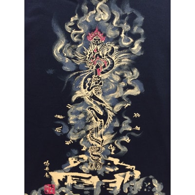 手描きTシャツ 仏画 倶利伽羅不動 黒 (半袖 Lサイズ)