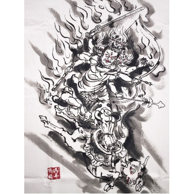 手描きTシャツ 仏画 大威徳明王 白 (半袖 Lサイズ)