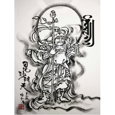 手描きTシャツ 仏画 毘沙門天 白 (半袖 Sサイズ)