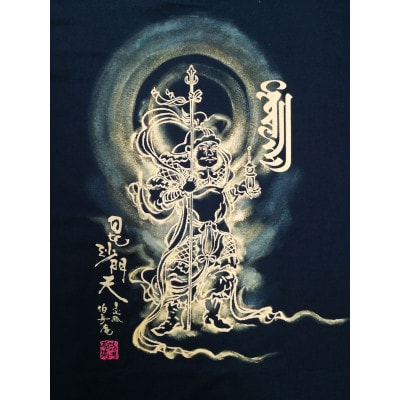 手描きTシャツ 仏画 毘沙門天 黒 (半袖 Sサイズ)