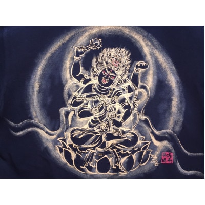 手描きTシャツ 仏画 愛染明王 黒 (半袖 Lサイズ)