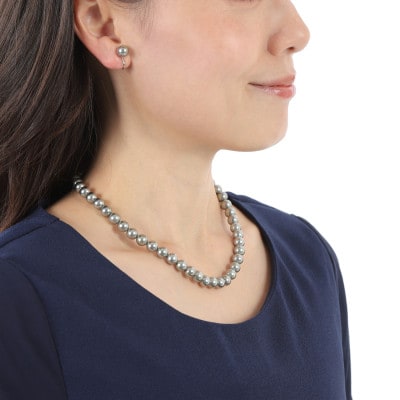 【RoseYumiRose】8mmパール3点セット(ネックレス/ペンダント/イヤリング)グレー【配送不可地域：沖縄県】