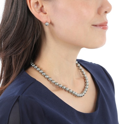 【RoseYumiRose】8mmパール3点セット(ネックレス/ペンダント/ピアス)グレー【配送不可地域：沖縄県】