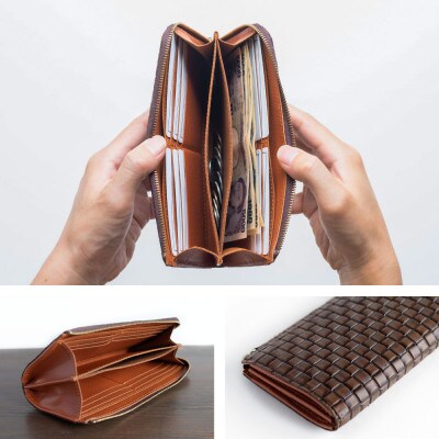 【メッシュ編み込み型押し長財布】本革L字ファスナー(キャメル)【aw-05em-CA】