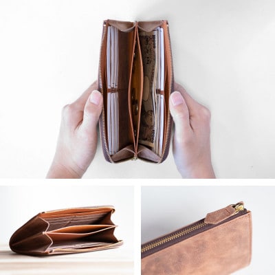 【本革 長財布】L字ファスナー プルアップレザー 銀磨り ロングウォレット【aw-05cpu-BR】