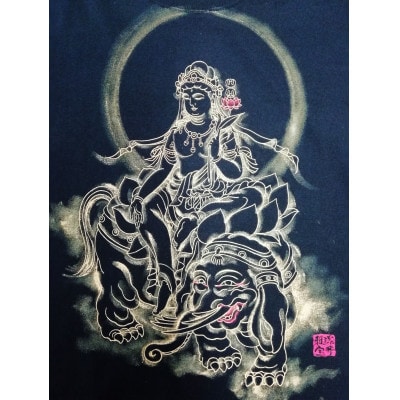 手描きTシャツ 仏画 普賢菩薩 黒 (半袖 Mサイズ)