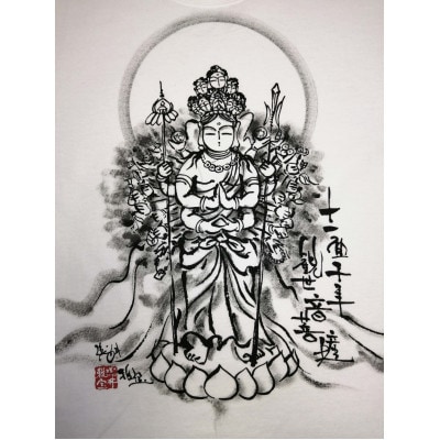 手描きTシャツ 仏画 十一面千手観音 白 (半袖 Lサイズ)