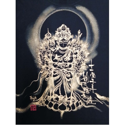 手描きTシャツ 仏画 十一面千手観音 黒 (半袖 Lサイズ)